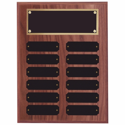 9 x 12 INCH WALNUT FINISH PERPETUAL PLAQUE WITH BLACK AND GOLD HEADER PLATE-12 NAME PLATES