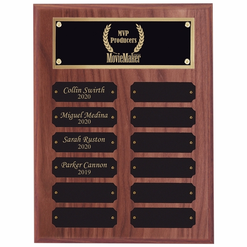 9 x 12 INCH WALNUT FINISH PERPETUAL PLAQUE WITH BLACK AND GOLD HEADER PLATE-12 NAME PLATES