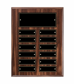 9 X 12 INCH WALNUT FINISH PERPETUAL PLAQUE WITH BLACK & GOLD PLATES