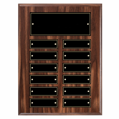 9 X 12 INCH WALNUT FINISH PERPETUAL PLAQUE WITH BLACK & GOLD PLATES