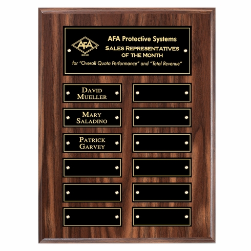 9 X 12 INCH WALNUT FINISH PERPETUAL PLAQUE WITH BLACK & GOLD PLATES