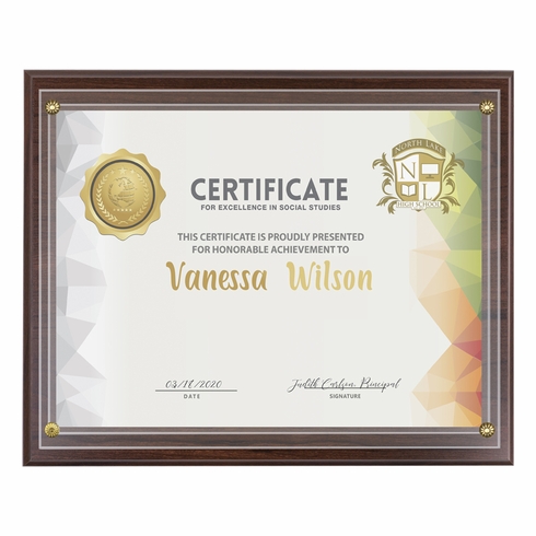 9 X 12 INCH WALNUT FINISH PLAQUE BOARD HOLDS 8 X 10 CERTIFICATE