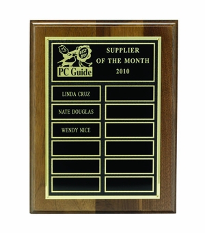 9 X 12 INCH WALNUT FINISH PLAQUE WITH 7 X 10 INCH SINGLE SCREENED PLATE WITH 12 ENGRAVING SPACES