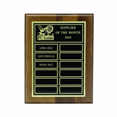 9 X 12 INCH WALNUT FINISH PLAQUE WITH 7 X 10 INCH SINGLE SCREENED PLATE WITH 12 ENGRAVING SPACES