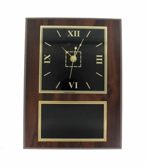 9 X 12 INCH WALNUT FINISH PLAQUE WITH CLOCK AND BLACK SCREENED PLATE