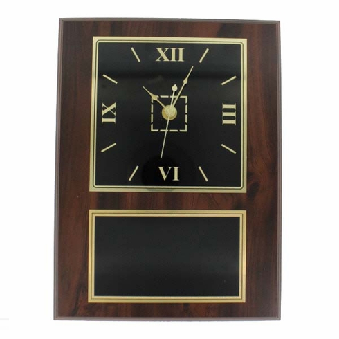 9 X 12 INCH WALNUT FINISH PLAQUE WITH CLOCK AND BLACK SCREENED PLATE