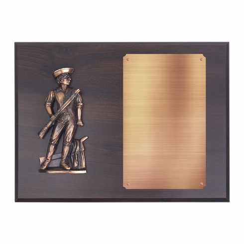 9 X 12 INCH WALNUT PLAQUE WITH COPPER MINUTEMAN AND ENGRAVING PLATE