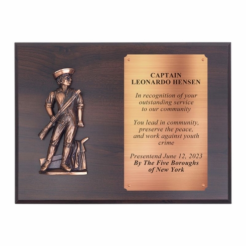 9 X 12 INCH WALNUT PLAQUE WITH COPPER MINUTEMAN AND ENGRAVING PLATE