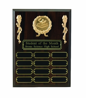9 X 12 PERPETUAL WALNUT PLAQUE WITH 12 BLACK PLATES, TAKES 2 INCH MEDALLION INSERT