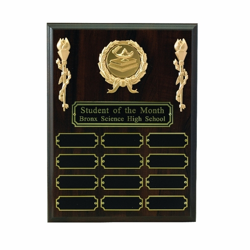 9 X 12 PERPETUAL WALNUT PLAQUE WITH 12 BLACK PLATES, TAKES 2 INCH MEDALLION INSERT
