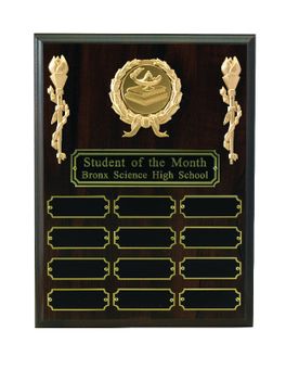 9 X 12 PERPETUAL WALNUT PLAQUE WITH 12 BLACK PLATES, TAKES 2 INCH MEDALLION INSERT