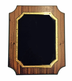 9 X 12 WALNUT VENEER NOTCHED PLAQUE WITH FROSTED GOLD AND BLACK PLATE