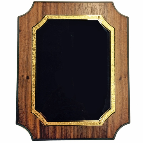 9 X 12 WALNUT VENEER NOTCHED PLAQUE WITH FROSTED GOLD AND BLACK PLATE