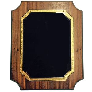9 X 12 WALNUT VENEER NOTCHED PLAQUE WITH FROSTED GOLD AND BLACK PLATE