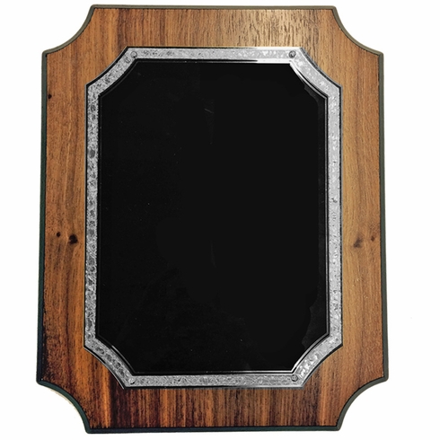 9 X 12 WALNUT VENEER NOTCHED PLAQUE WITH FROSTED SILVER AND BLACK PLATE