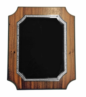 9 X 12 WALNUT VENEER NOTCHED PLAQUE WITH FROSTED SILVER AND BLACK PLATE