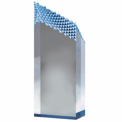 9 x 3-1/2 INCH ACRYLIC RIDGE TOWER TROPHY WITH BLUE REFLECTIVE BLACK BASE