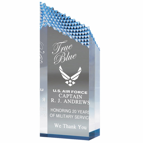 9 x 3-1/2 INCH ACRYLIC RIDGE TOWER TROPHY WITH BLUE REFLECTIVE BLACK BASE