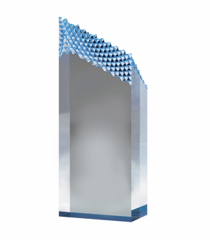 9 x 3-1/2 INCH ACRYLIC RIDGE TOWER TROPHY WITH BLUE REFLECTIVE BLACK BASE