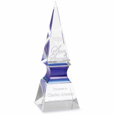 9 x 3-1/4 INCH OPTICAL CRYSTAL BLUE RISER OBELISK AWARD