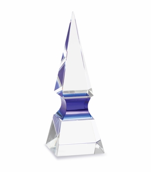 9 x 3-1/4 INCH OPTICAL CRYSTAL BLUE RISER OBELISK AWARD