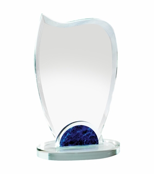 9 x 5-1/2 INCH OPTICAL CRYSTAL WAVE AWARD WITH BLUE MARBLEIZED BASE