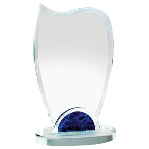9 x 5-1/2 INCH OPTICAL CRYSTAL WAVE AWARD WITH BLUE MARBLEIZED BASE