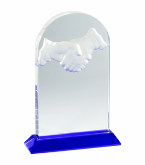 9 x 6-1/4 INCH OPTICAL CRYSTAL DEEP ETCHED HANDSHAKE AWARD ON BLUE BASE