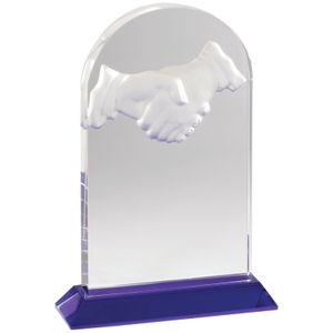 9 x 6-1/4 INCH OPTICAL CRYSTAL DEEP ETCHED HANDSHAKE AWARD ON BLUE BASE