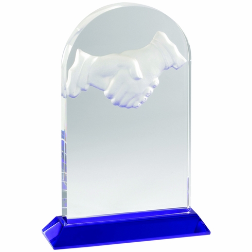 9 x 6-1/4 INCH OPTICAL CRYSTAL DEEP ETCHED HANDSHAKE AWARD ON BLUE BASE