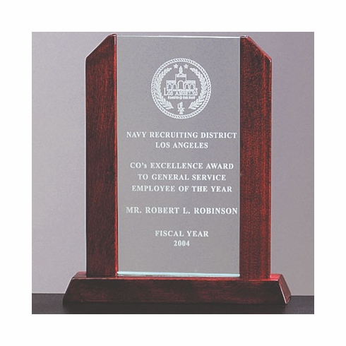 9 X 7-1/2 BEVELED ARCH JADE GLASS AWARD, WOOD FRAME