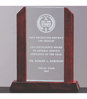 9 X 7-1/2 BEVELED ARCH JADE GLASS AWARD, WOOD FRAME