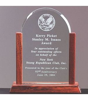 9 X 7-1/4 INCH ARCH AWARD JADE GLASS, WOOD FRAME