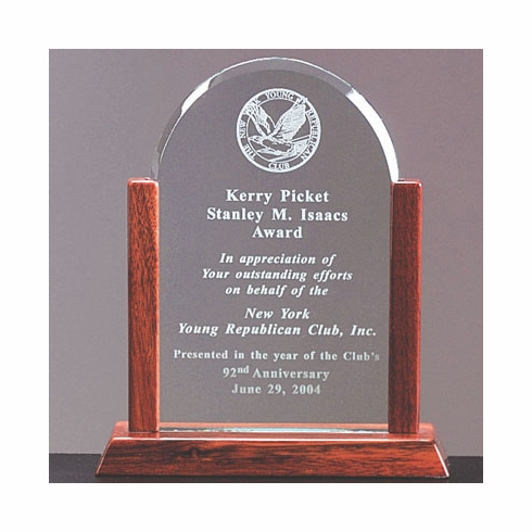 9 X 7-1/4 INCH ARCH AWARD JADE GLASS, WOOD FRAME