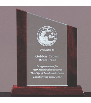 9 X 7-1/4 INCH PINNACLE AWARD JADE GLASS, WOOD