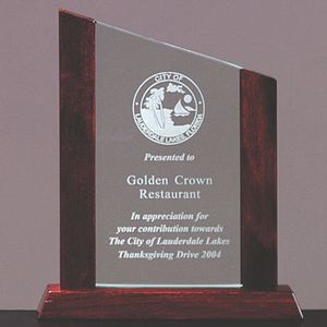 9 X 7-1/4 INCH PINNACLE AWARD JADE GLASS, WOOD