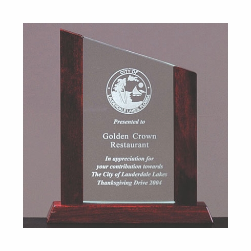 9 X 7-1/4 INCH PINNACLE AWARD JADE GLASS, WOOD