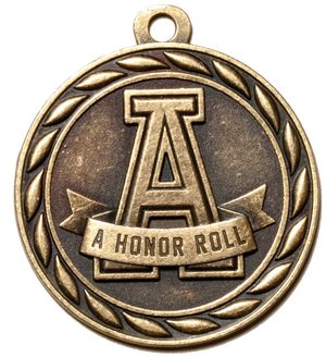 Metal 2-Inch in Diameter Round A-Honor Roll Medal with Cutomizable Back in Antique Brass