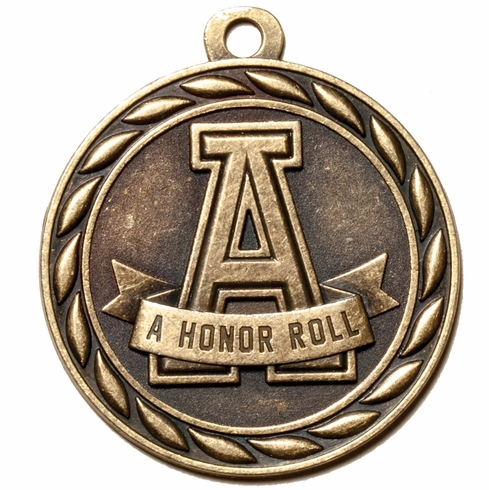 Metal 2-Inch in Diameter Round A-Honor Roll Medal with Cutomizable Back in Antique Brass
