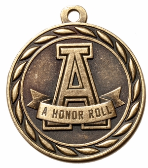 Metal 2-Inch in Diameter Round A-Honor Roll Medal with Cutomizable Back in Antique Brass