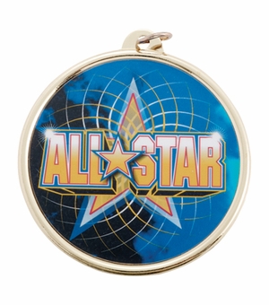 2-1/4 Inch in Diameter Round Multicolored Mylar All Star Medal in Gold and with Customizable Back.