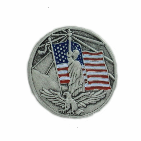   AMERICAN FLAG, STATUE OF LIBERTY & EAGLE PEWTER LAPEL PIN