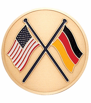 2-Inch in Diameter Round Etched-Enameled Metal American & German Medallion Insert in Gold with Peel-and-Stick Back