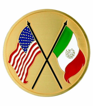 2-Inch in Diameter Round Etched-Enameled Metal American & Mexican Medallion Insert in Gold with Peel-and-Stick Back