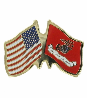 7/8 Inch Etched Enameled Crossed American and Marine Corps Flags Pin