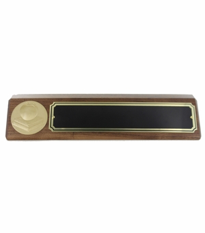 APPLE AND BOOKS GENUINE WALNUT DESK BLOCK WITH BLACK SCREENED BRASS PLATE