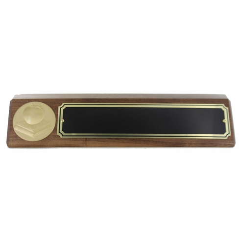 APPLE AND BOOKS GENUINE WALNUT DESK BLOCK WITH BLACK SCREENED BRASS PLATE