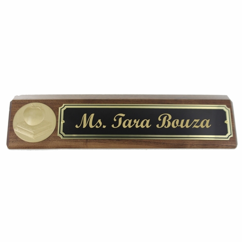 APPLE AND BOOKS GENUINE WALNUT DESK BLOCK WITH BLACK SCREENED BRASS PLATE