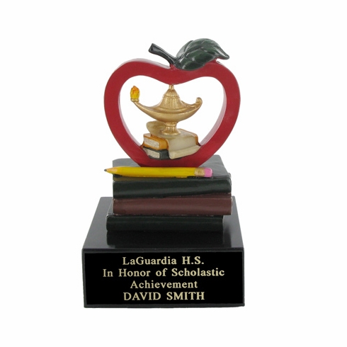 APPLE, LAMP AND BOOKS SCHOLASTIC TROPHY, 5 INCH