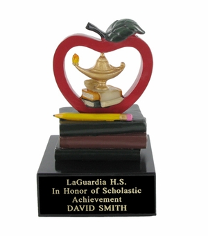APPLE, LAMP AND BOOKS SCHOLASTIC TROPHY, 5 INCH